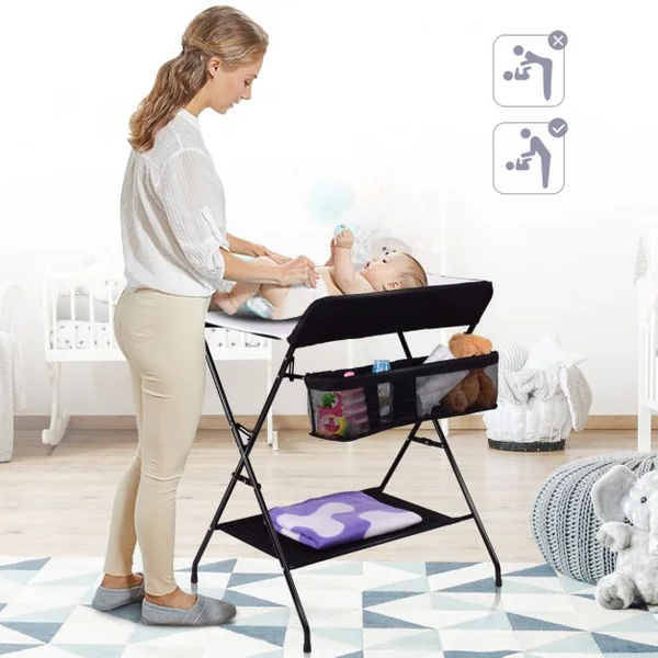 Table à Langer Bébé Pliante avec Panier de Rangement à Côté Capacité 10 Kg en Toile Pvc Fer 80x63x103cm Noir