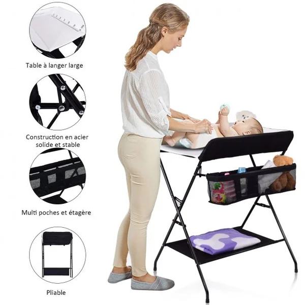 Table à Langer Bébé Pliante avec Panier de Rangement à Côté Capacité 10 Kg en Toile Pvc Fer 80x63x103cm Noir