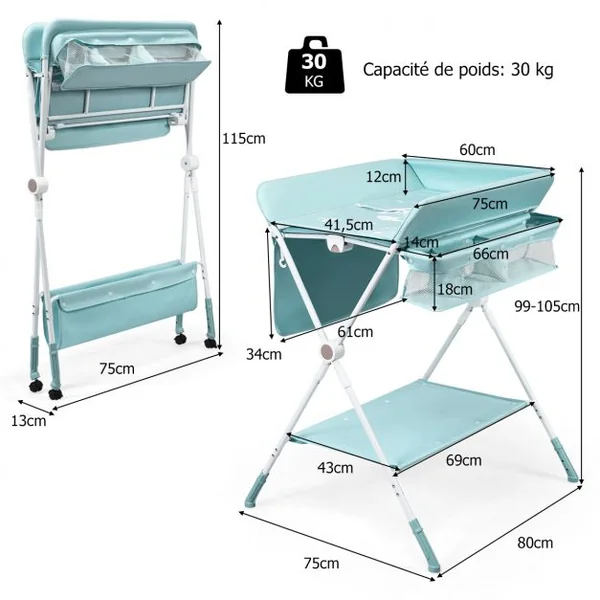 Table à Langer Pliante à Roulettes pour Bébé avec Panier de Rangement Hauteur Réglable en 3 Positions Bleu