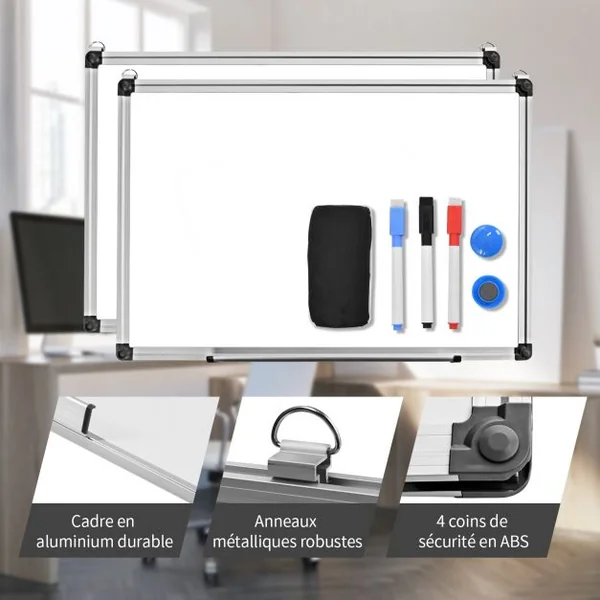 Tableau Blanc Effaçable Surface Magnétique avec Cadre en Aluminium 2 Aimants 3 Stylos et Effaçable à Sec 90 x 60 CM