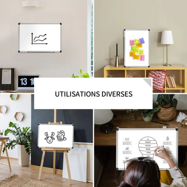 Tableau Blanc Effaçable Surface Magnétique avec Cadre en Aluminium 2 Aimants 3 Stylos et Effaçable à Sec 90 x 60 CM