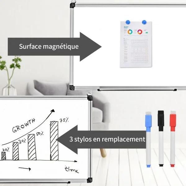 Tableau Blanc Effaçable Surface Magnétique avec Cadre en Aluminium 2 Aimants 3 Stylos et Effaçable à Sec 90 x 60 CM