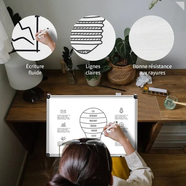 Tableau Blanc Effaçable Surface Magnétique avec Cadre en Aluminium 2 Aimants 3 Stylos et Effaçable à Sec 90 x 60 CM