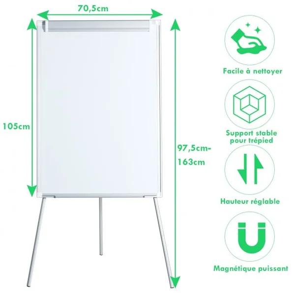 Tableau Blanc Magnétique sur Trépied Surface Laquée Aimantée Hauteur Réglable avec Accessoires 105x70,5x97,5-163cm