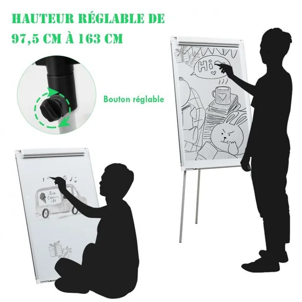 Tableau Blanc Magnétique sur Trépied Surface Laquée Aimantée Hauteur Réglable avec Accessoires 105x70,5x97,5-163cm