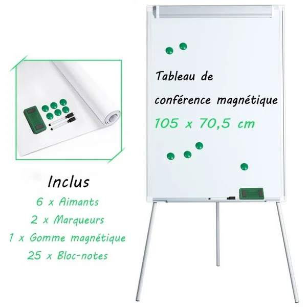Tableau Blanc Magnétique sur Trépied Surface Laquée Aimantée Hauteur Réglable avec Accessoires 105x70,5x97,5-163cm
