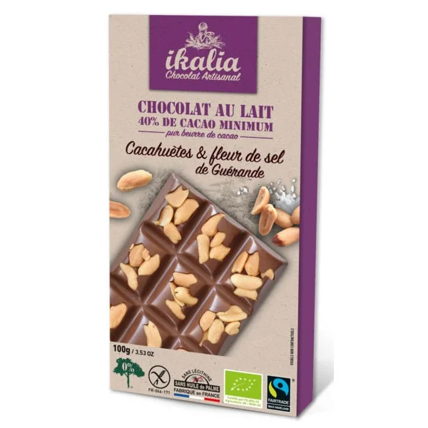 Tablette de chocolat au lait 40% de cacao minimum à la fleur de sel de Guérande - Cacahuètes