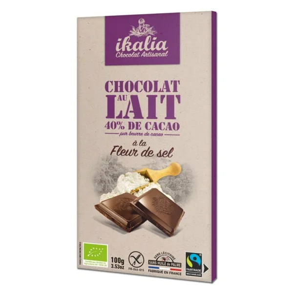 Tablette de chocolat de couverture au lait à la fleur de sel 100g