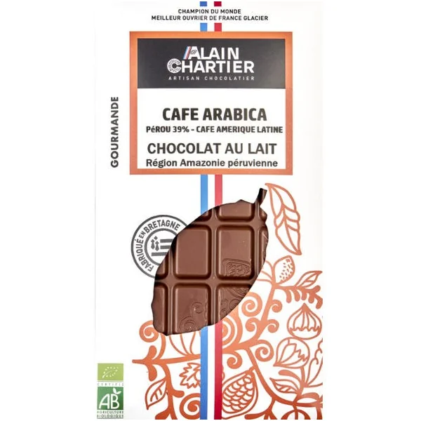 tablette de Chocolat lait Pérou 39% Café de Colombie