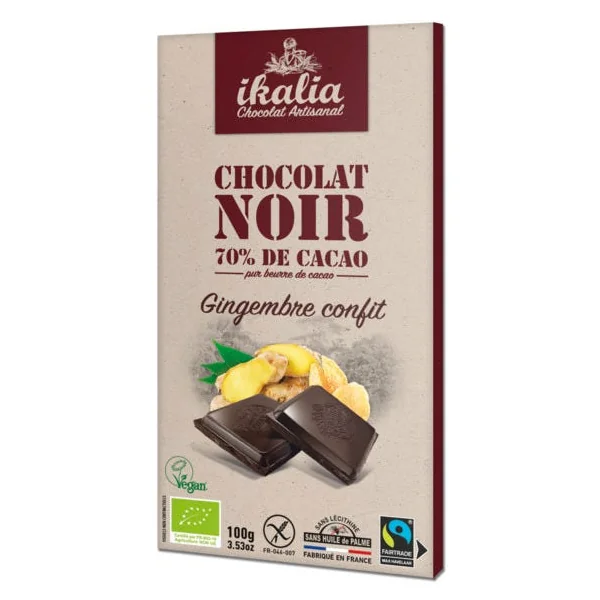Tablette de chocolat noir 70% de cacao au gingembre confit 100g