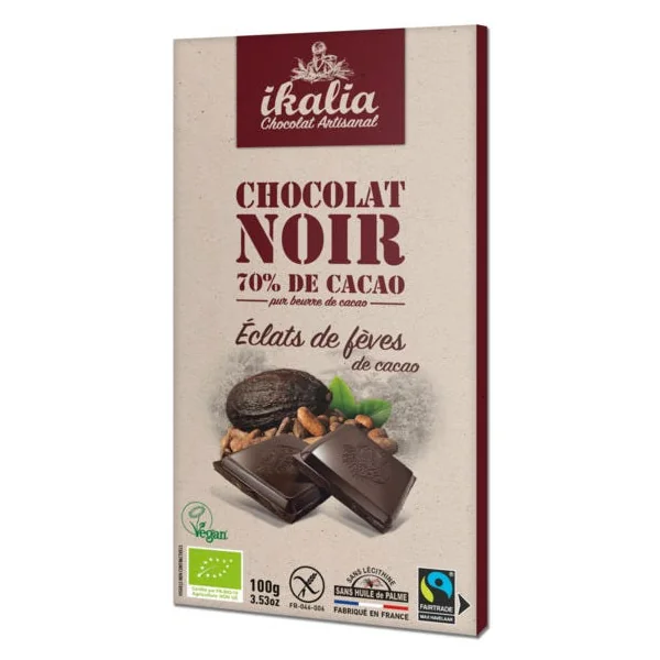 Tablette de chocolat noir 70% de cacao aux éclats de fèves 100g