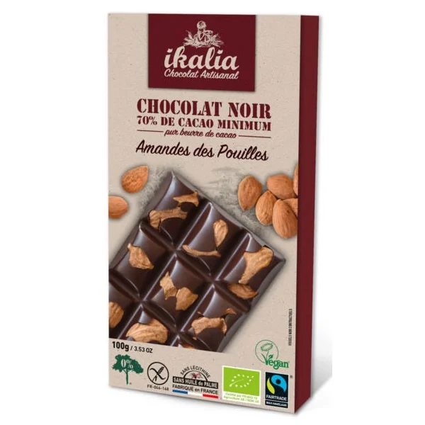 Tablette de chocolat noir 70% de cacao minimum - Amandes entières