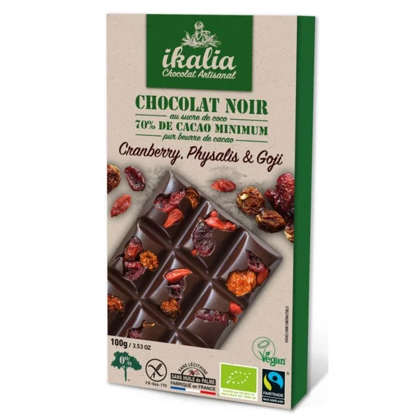 Tablette de chocolat noir 70% de cacao minimum au sucre de fleur de coco - Cranberry, physalis et baies de goji