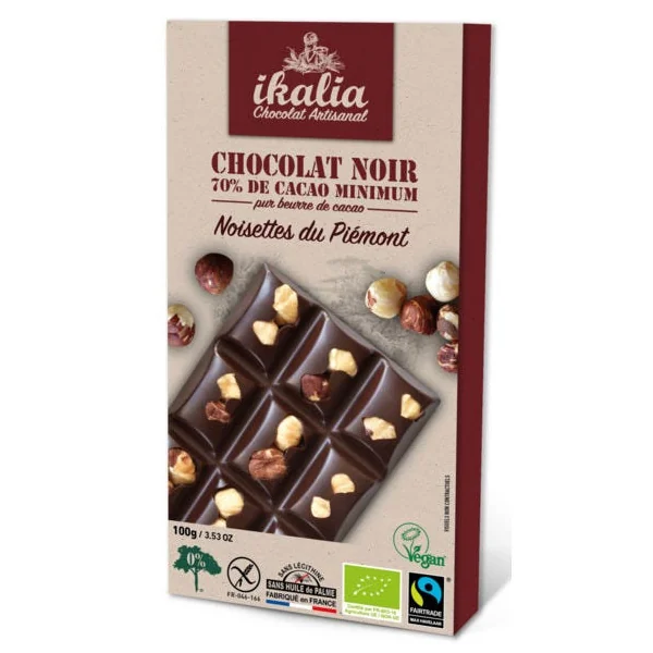Tablette de chocolat noir 70% de cacao minimum - Noisettes entières