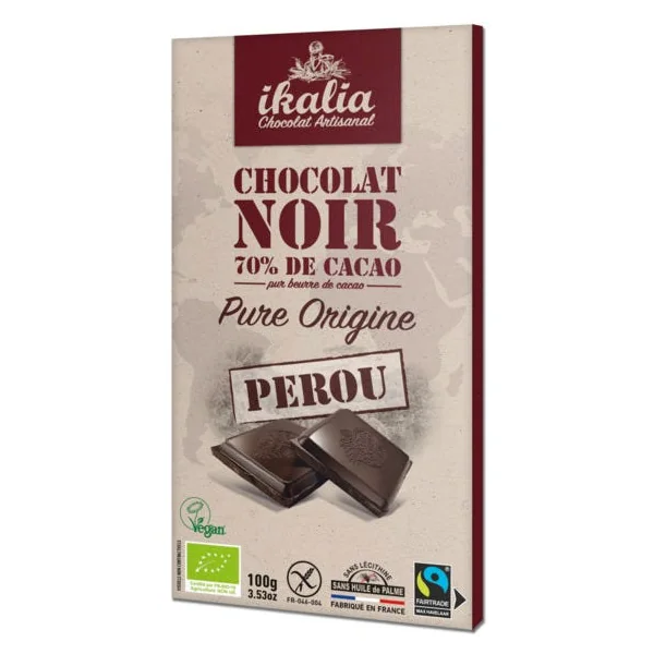 Tablette de chocolat noir 70% de cacao pure origine Pérou 100g
