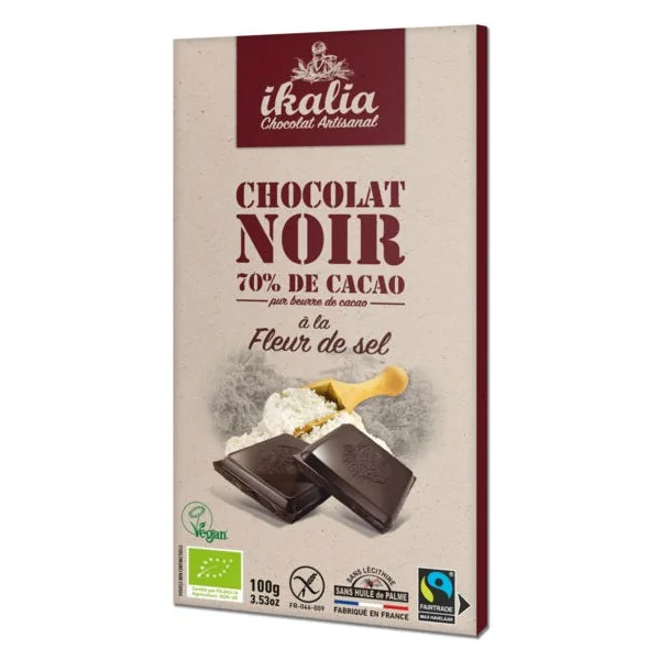 Tablette de chocolat noir 70% de cacao à la fleur de sel de Guérande 100g