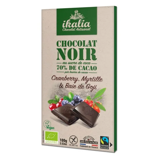 Tablette de chocolat noir au sucre de fleur de coco et aux fruits ( cranberry, myrtille et goji) 100g