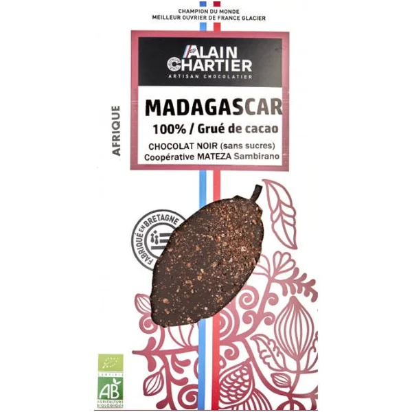 Tablette de Chocolat noir Madagascar 100% Grué de Cacao