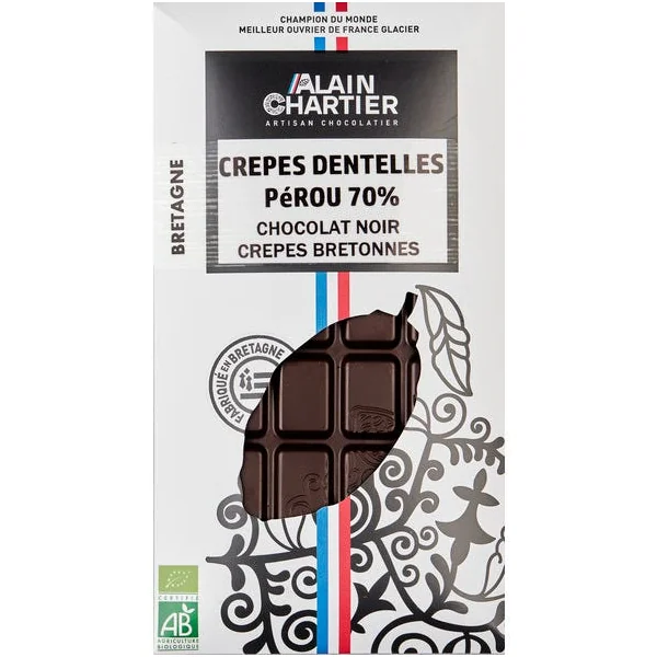 Tablette de Chocolat noir Pérou 70% Crêpes dentelles