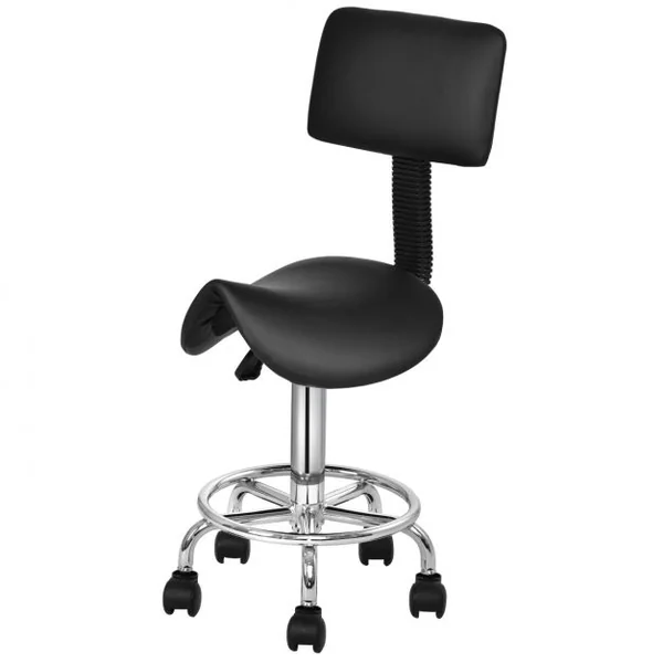 Tabouret avec dossier et roulettes Tabouret pivotant Hauteur réglage Salon de beauté, 150 kg max, 37x34x81-96cm, Noir