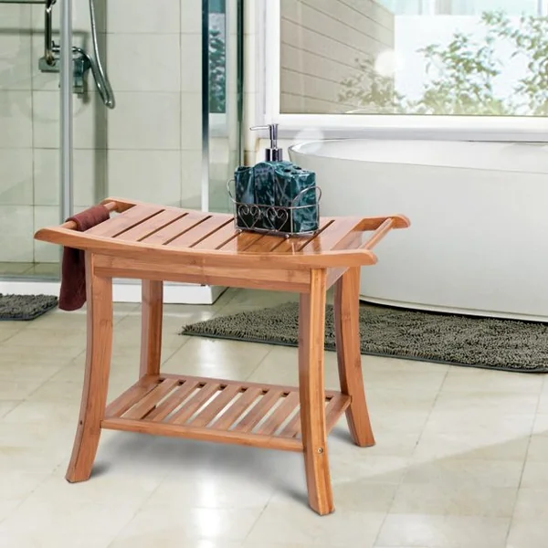Tabouret de Aalle de Bain Petit Banc Léger et Polyvalent Surface Imperméable en Bambou, 61x33x46cm, Naturel