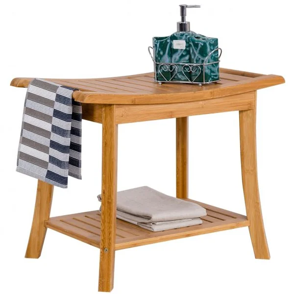 Tabouret de Aalle de Bain Petit Banc Léger et Polyvalent Surface Imperméable en Bambou, 61x33x46cm, Naturel