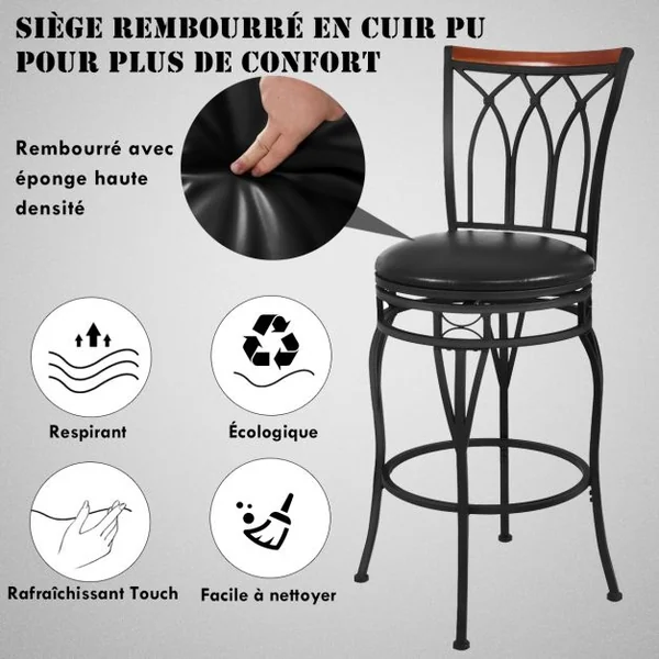 Tabouret de Bar de Style Industriel Réglable en Hauteur Capacité 100 Kg en Fer et Pu 44,5x44,5x100-112cm Noir