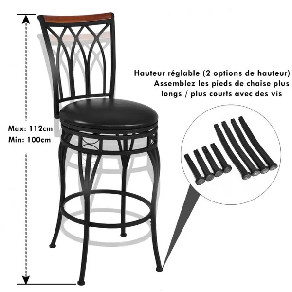 Tabouret de Bar de Style Industriel Réglable en Hauteur Capacité 100 Kg en Fer et Pu 44,5x44,5x100-112cm Noir