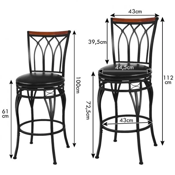 Tabouret de Bar de Style Industriel Réglable en Hauteur Capacité 100 Kg en Fer et Pu 44,5x44,5x100-112cm Noir
