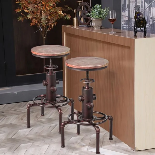 Tabouret de Bar Style Industriel Vintage Hauteur Réglable Rotatif à 360° Capacité 150kg en Fer et Pin 45x45x60-75cm