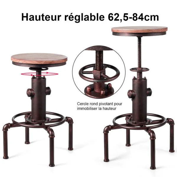 Tabouret de Bar Style Industriel Vintage Hauteur Réglable Rotatif à 360° Capacité 150kg en Fer et Pin 45x45x60-75cm