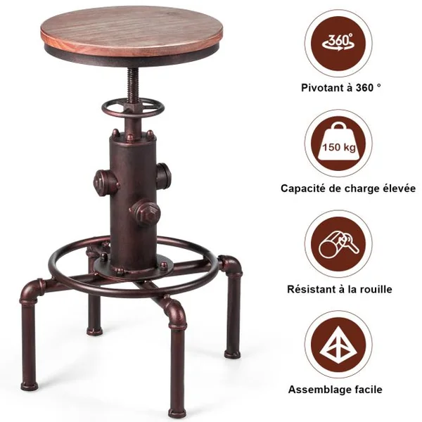 Tabouret de Bar Style Industriel Vintage Hauteur Réglable Rotatif à 360° Capacité 150kg en Fer et Pin 45x45x60-75cm