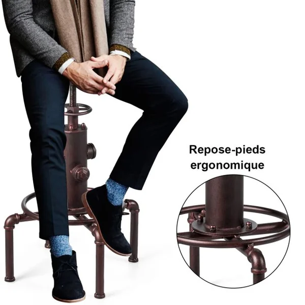 Tabouret de Bar Style Industriel Vintage Hauteur Réglable Rotatif à 360° Capacité 150kg en Fer et Pin 45x45x60-75cm