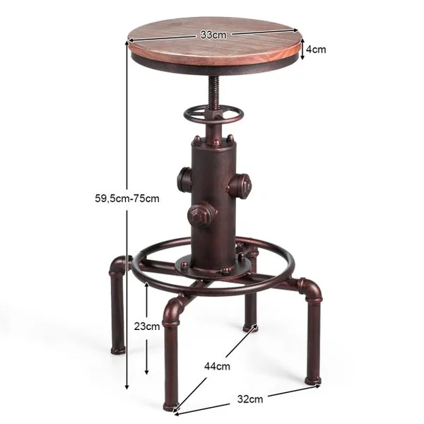 Tabouret de Bar Style Industriel Vintage Hauteur Réglable Rotatif à 360° Capacité 150kg en Fer et Pin 45x45x60-75cm