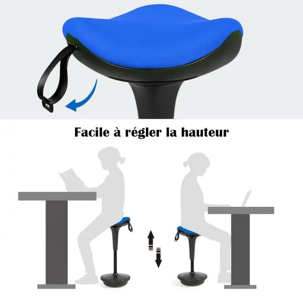 Tabouret de Bureau Ergonomique Hauteur Réglable Inclinable et Rotatif Capacité 125 kg 33x33x65-84 cm Bleu