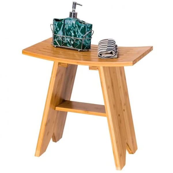 Tabouret de Douche avec Repose-pieds Siège Incurvé Capacité 120 Kg en Bambou 46x30x46cm Couleur de Bois