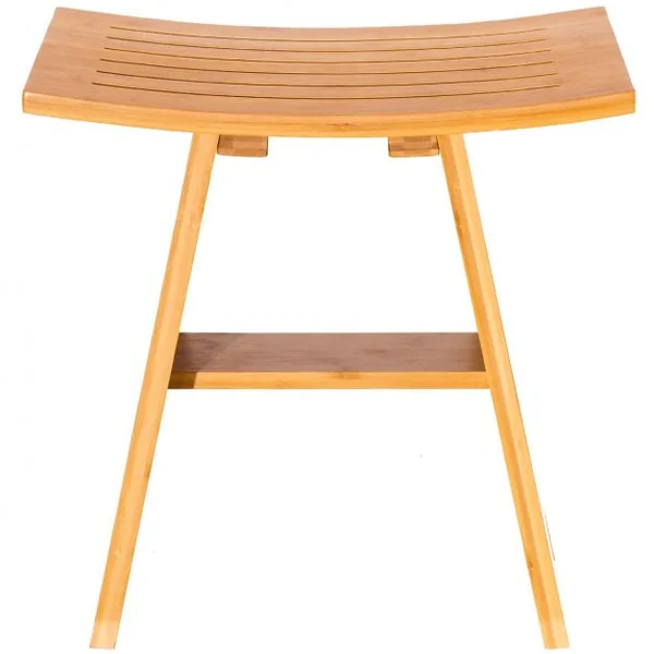 Tabouret de Douche avec Repose-pieds Siège Incurvé Capacité 120 Kg en Bambou 46x30x46cm Couleur de Bois
