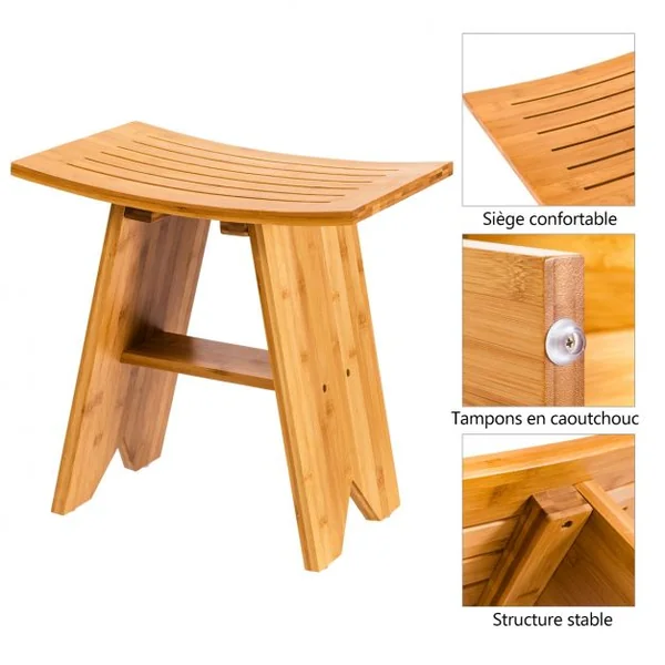 Tabouret de Douche avec Repose-pieds Siège Incurvé Capacité 120 Kg en Bambou 46x30x46cm Couleur de Bois