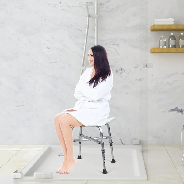 Tabouret de Douche Siège Incurvé Repose Pied Hauteur Réglable Capacité 150kg en Alliage D'aluminium 51x31x42,5-56cm
