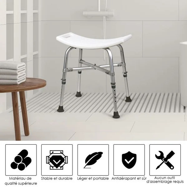 Tabouret de Douche Siège Incurvé Repose Pied Hauteur Réglable Capacité 150kg en Alliage D'aluminium 51x31x42,5-56cm