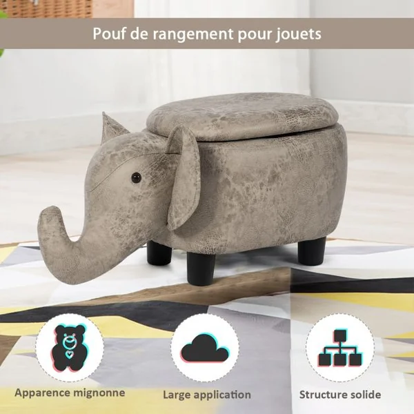 Tabouret de Rangement en Forme d’Eléphant avec Surface en Tissu pour Enfants Capacité 150 kg 70x32x30 cm Gris