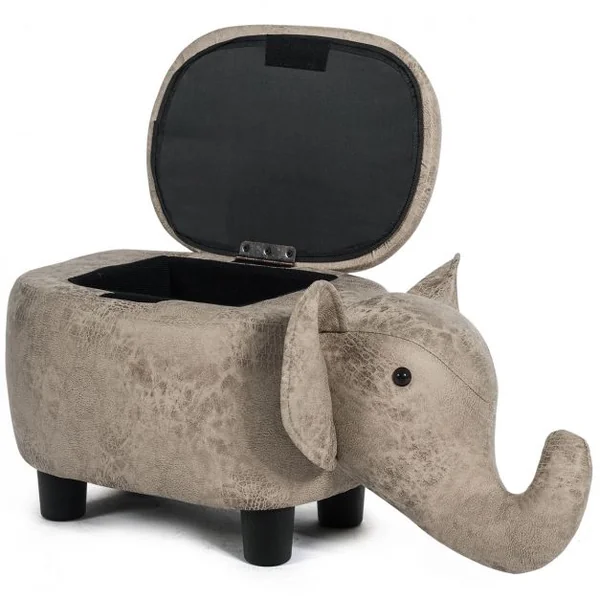 Tabouret de Rangement en Forme d’Eléphant avec Surface en Tissu pour Enfants Capacité 150 kg 70x32x30 cm Gris