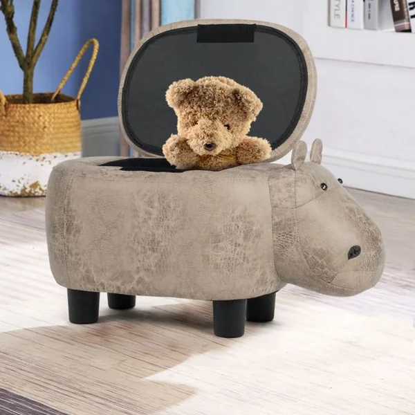 Tabouret de Rangement en Forme d’Hippopotame avec Surface en Tissu pour Enfants Capacité 150 kg 70x32x30 cm Gris