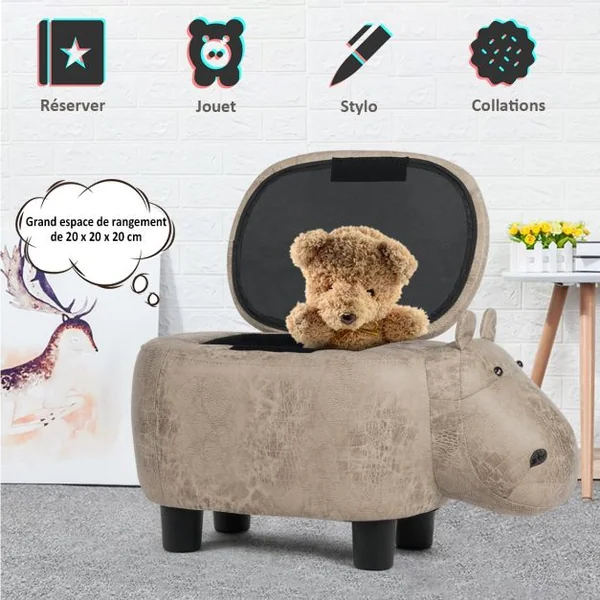 Tabouret de Rangement en Forme d’Hippopotame avec Surface en Tissu pour Enfants Capacité 150 kg 70x32x30 cm Gris