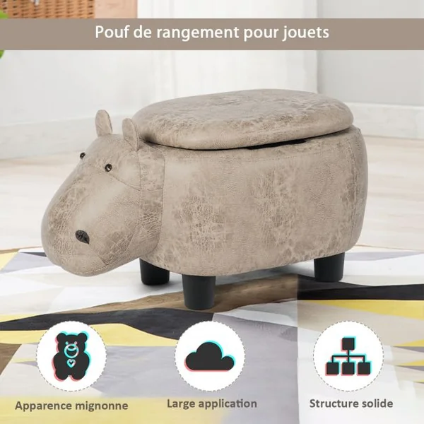 Tabouret de Rangement en Forme d’Hippopotame avec Surface en Tissu pour Enfants Capacité 150 kg 70x32x30 cm Gris