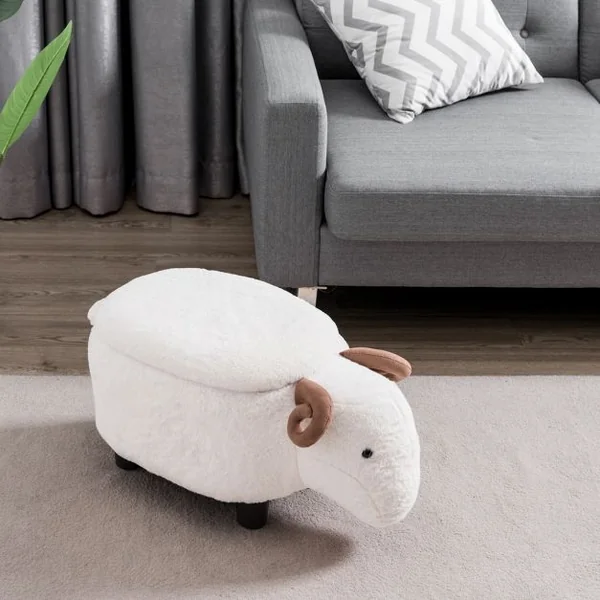 Tabouret de Rangement Repose-pieds Pouf Ottoman avec Couvercle et rangement en Forme de Mouton, 62x35x35cm, Blanc