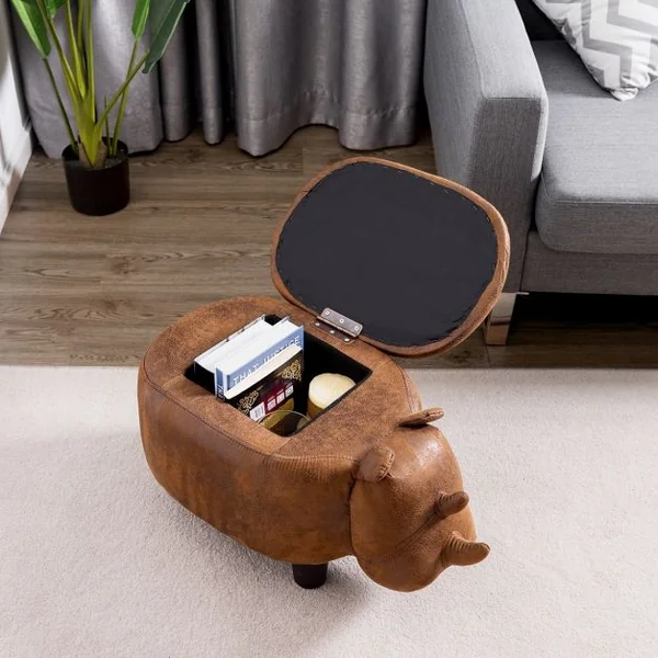 Tabouret de Rangement Repose-pieds Pouf Ottoman avec Couvercle et rangement en Forme de Rhinocéros, 62x35x35cm, Brun