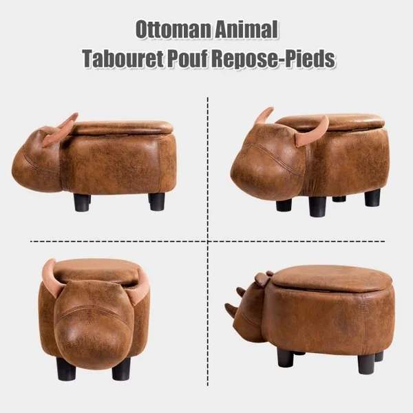 Tabouret de Rangement Repose-pieds Pouf Ottoman avec Couvercle et rangement en Forme de Rhinocéros, 62x35x35cm, Brun