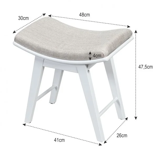 Tabouret Rembourré pour Coiffeuse Piano Repose-pieds Siège d’Appoint Capacité 150kg en Bois + Eponge 48x30x45cm Blanc