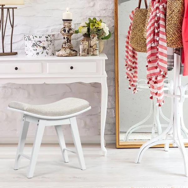 Tabouret Rembourré pour Coiffeuse Piano Repose-pieds Siège d’Appoint Capacité 150kg en Bois + Eponge 48x30x45cm Blanc
